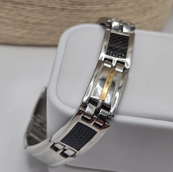 Unbranded Jewelry - Men Stainless Steel Black Carbon 18K GP Three Tone Link Bracelet Signed Alpine